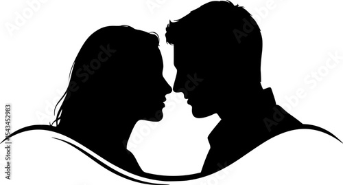 Romantic silhouette of couple facing each other, black and white illustration. Vector illustration
