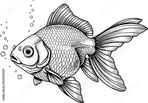 Illustration of a detailed goldfish with bubbles in black and white ink drawing. Vector illustration
