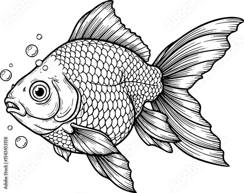Illustration of a detailed goldfish with bubbles in black and white ink drawing. Vector illustration
