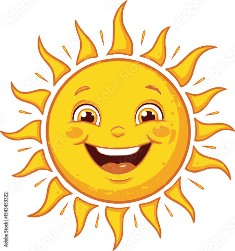 Smiling sun drawing with expressive happy face in bright yellow tones. Vector illustration
