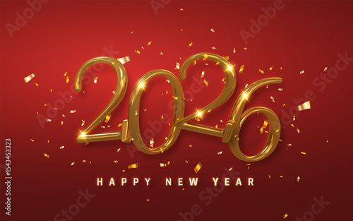 Happy New Year 2026 Celebration with Golden Text, Sparkling Lights, and Confetti on Red Background. Perfect for Festive Greeting Designs. Vector Illustration