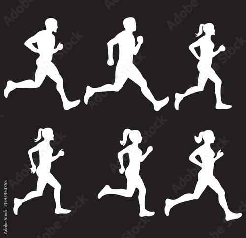 Running silhouettes of men and women, athletic motion poses, jogging and sprinting shadow figures, fitness workout illustration, active lifestyle concept, White runners isolated on dark background.