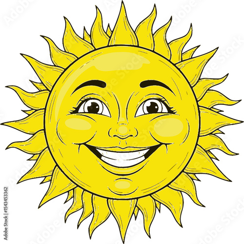 Smiling sun drawing with expressive happy face in bright yellow tones. Vector illustration
