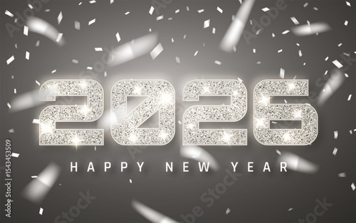 New Year 2026 Silver Glitter Numbers With Shiny Confetti On Dark Background. Stylish And Festive Holiday Party Design For Seasonal Greetings. Vector Illustration
