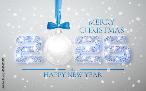 Christmas and New Year 2026 Holiday Design with Blue Glitter Numbers, Snowflakes, and Hanging Glass Ornament on Light Background. Elegant Seasonal Vector Illustration