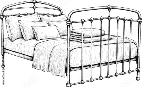 Vintage iron bed with plush pillows and blanket in sketch illustration style. Vector illustration
