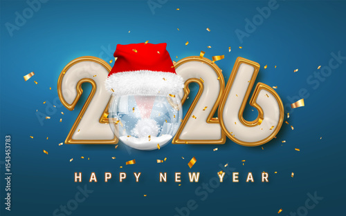 New Year 2026 Celebration With Golden Numbers, Santa Hat, Snow Globe, and Confetti on Blue Background. Festive Holiday Design. Vector Illustration