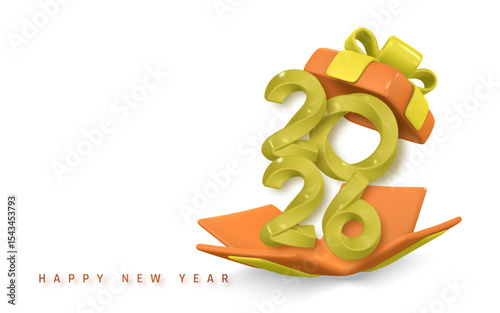 New Year 2026 Celebration Gift Box With 3D Numbers And Ribbon in Orange and Yellow Colors. Festive Holiday Design. Vector Illustration