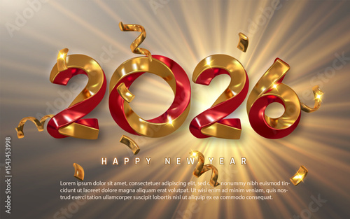 Luxury 2026 New Year Design With Shiny Golden And Red 3D Numbers, Sparkling Confetti, And Light Rays On Elegant Background. Perfect Festive Template. Vector Illustration