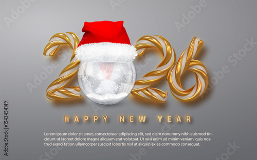 Christmas 2026 Candy Cane Gold Numbers With Santa Hat And Snow Globe On Gray Background. Festive Holiday Greeting For Winter Celebrations. Vector Illustration