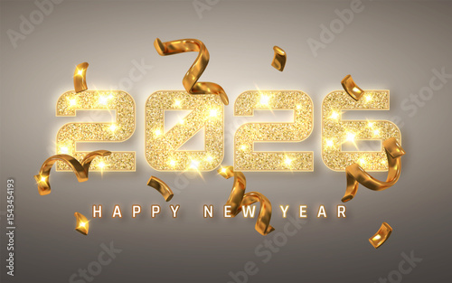 New Year 2026 Celebration With Golden Glitter Numbers, Sparkling Lights And Confetti On Elegant Background. Perfect For Holiday Design And Party Invitations. Vector Illustration