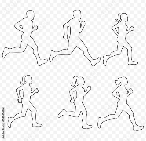 Group of running men and women side view of vector runner silhouette in stroke on Transparent Background. EPS 10.