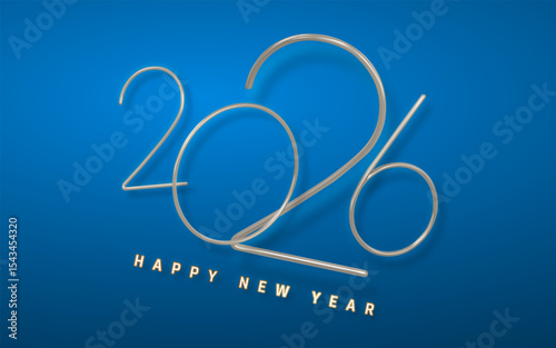 New Year 2026 Minimalist Line Art Design on Clean Blue Background with Elegant Metallic Typography for Festive Greeting or Banner. Modern Style Vector Illustration