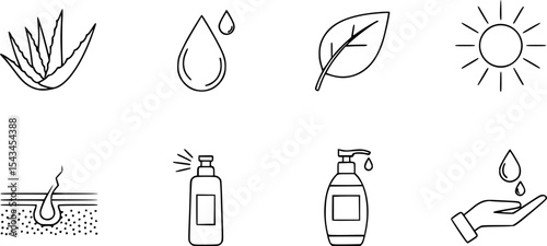 set of skin icons, such as aloevera, oil, nature, sun protect, dry, lotion