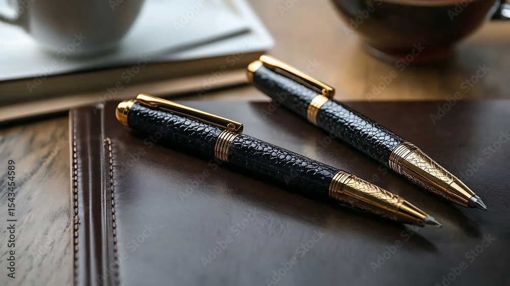 Naklejka premium Two elegant fountain pens placed on a dark leather notebook for business writing.