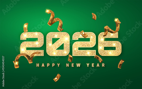 New Year 2026 Celebration with Sparkling Gold Numbers, Green Background, and Golden Confetti. Festive Holiday Party Design. Vector Illustration