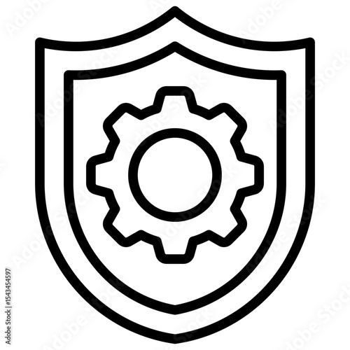 Secure System - Outline Icon - Shield with embedded gear, symbolizing a safe and secure system infrastructure
