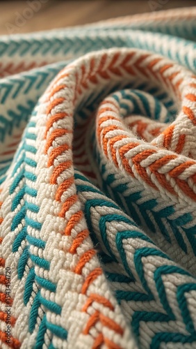 Close up of textured knit fabric with teal and orange chevron pattern