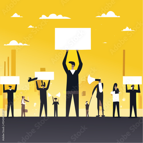 Flat illustration of a protest with people holding blank signs demonstrating against something with a yellow background and city silhouette.