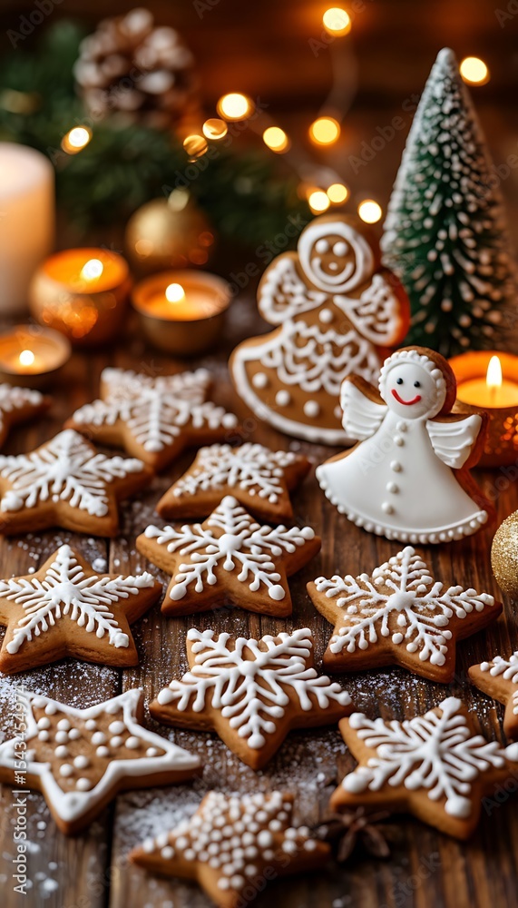 Gingerbread cookies shaped like stars and a snowman, decorated with icing. A small Christmas tree and candles are in the background, creating a festive atmosphere. Gingerbread cookies shaped like stars and a snowman, decorated with icing. A small Christmas tree and candles are in the background, creating a festive atmosphere.