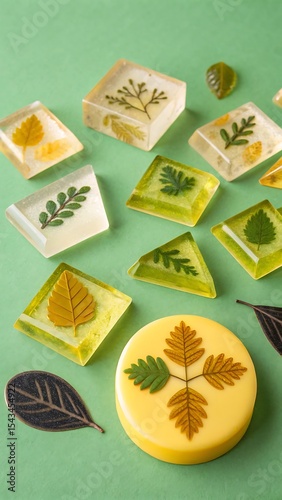 Assortment of resin crafts with pressed leaves and flowers on green background