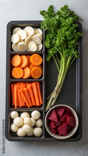 Prepared vegetables in a black tray carrots parsley beets and more