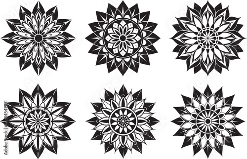 Six Symmetrical Floral Mandalas in Black and White Contrast