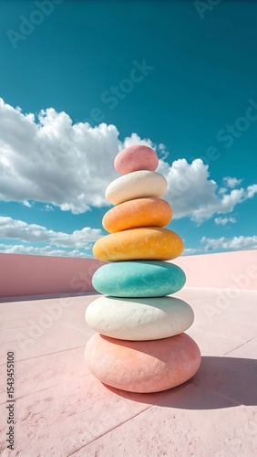 Pastel colored stones stacked on pink surface under blue sky