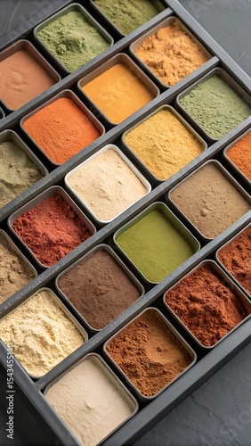 Assortment of colorful spice powders in a black tray