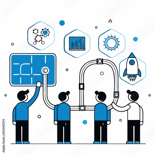 Vector Illustration of a Team Collaborating on a Complex Process or System Development with Data and Innovation Elements

