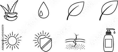 set of skin icons, such as aloevera, oil, nature, sun protect, dry, lotion