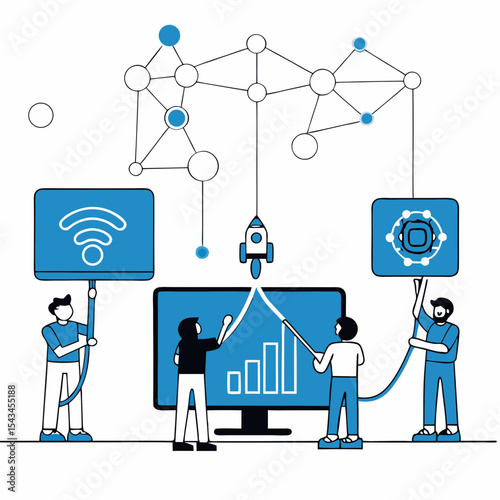 Vector Illustration of a Team Developing Internet of Things (IoT) Solutions and Networking Technology

