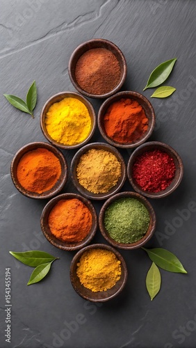 Assortment of colorful spices in bowls on dark background