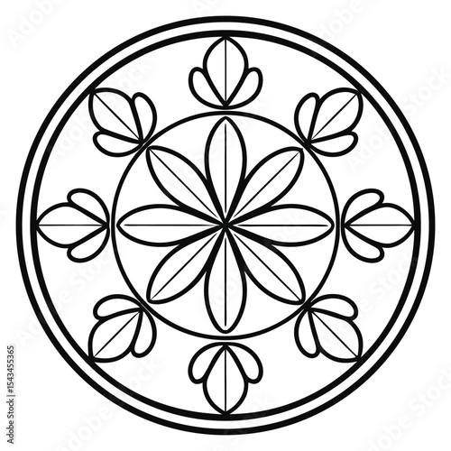 Symmetrical Floral Mandala Line Art: Circular Geometric Design with Flower-Like Elements, Outline Vector Illustration on White Background for Coloring or Design.