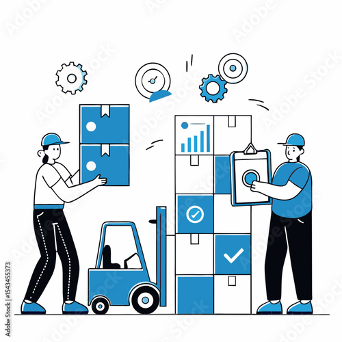 A vector illustration showcasing the picking and packing process in a warehouse, with workers handling boxes and a forklift, representing efficient logistics and inventory management.

