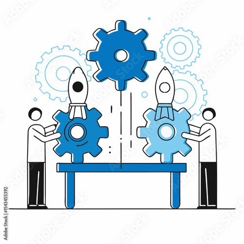 A vector illustration representing collaborative problem-solving and operational development, with individuals working with gears and rockets to signify innovation and growth.


