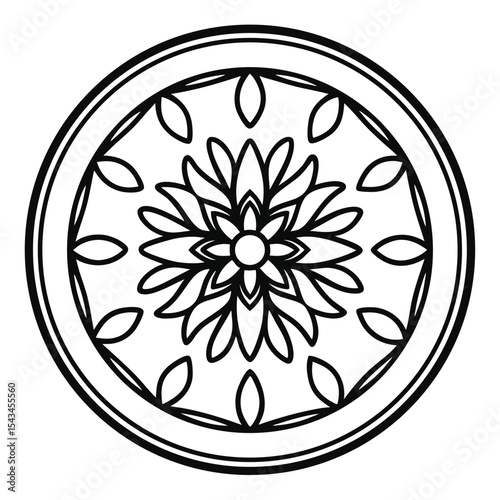 Symmetrical Floral Mandala Design in Black and White: Circular, Abstract Lotus-Like Illustration for Coloring Pages or Decorative Art                 
