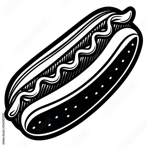 Hot dog illustration black and white isolated on white background