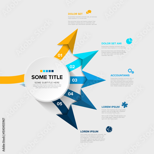 This modern radial infographic template visualizes five steps clearly. Each numbered step in the process infographic includes text and icons.