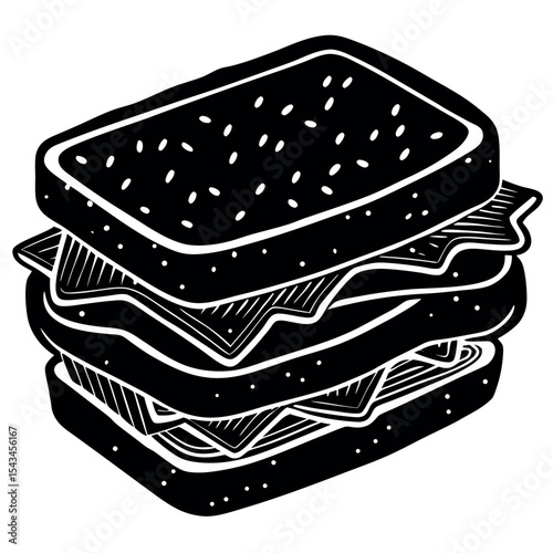 Black and white sandwich illustration isolated on white background