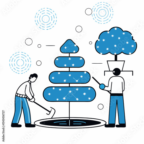 vector illustration of teamwork nurturing growth and innovation with tree symbolizing business development success planning and strategy,