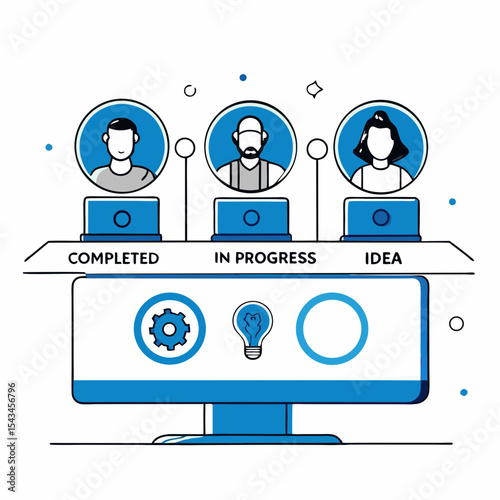 vector illustration kanban board workflow, task management process with team members, idea to completion stages, in progress tasks, project organization, productivity tool flat design