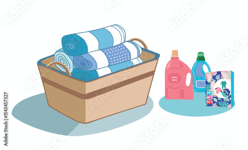  illustration of laundry basket filled with folded clean towels.