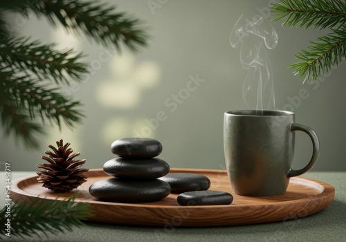 A steaming mug sits near balanced stones and pinecone on a wooden tray indoors