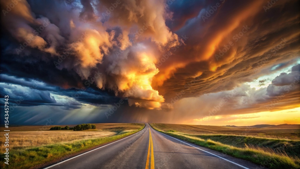 A Dramatic Sunset Sky Over a Long, Straight Highway Through Rolling Fields A Dramatic Sunset Sky Over a Long, Straight Highway Through Rolling Fields
