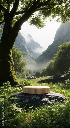 A wooden product display atop a lichencovered rock highlights a tranquil, lush mountain valley