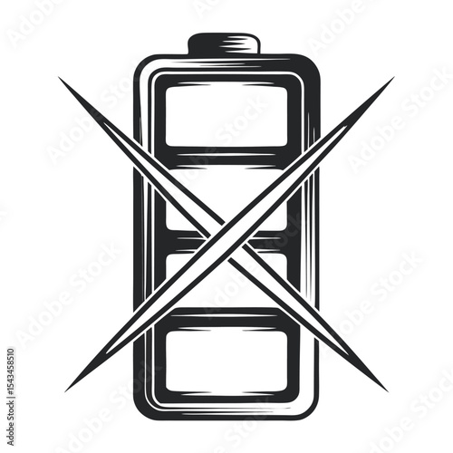 Empty Battery Symbol: Exhausted Energy Graphic with Crossed Lines, Vintage Style Icon, Isolated on White Background for Digital and Print Designs     