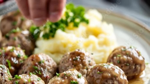 Seasoning Swedish meatballs on a plate with mashed potatoes adds a final touch, enhancing the comfort food meal.