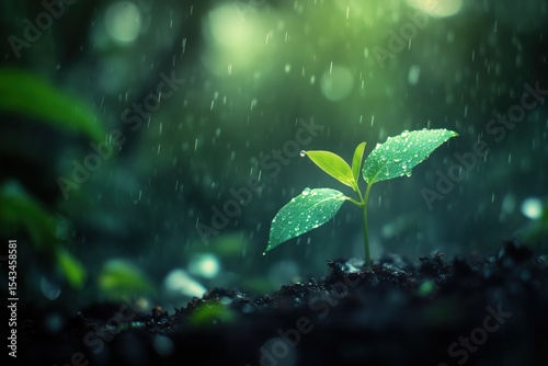 A vibrant seedling emerges from dark earth, thriving amidst a gentle rain shower