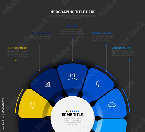 A modern radial infographic template showing a circular design with various colored segments and icons. This clean infographic template is perfect for data visualization and business presentations.